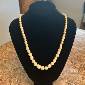 Carved Bone Rose Graduated Bead Necklace ivory color